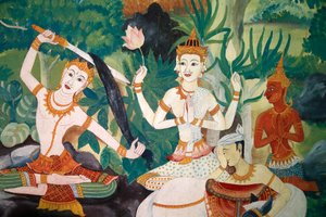 Fresco in Wat Ampharam, Hua Hin, Thailand. Buddha Cutting His Hair and Renouncing His Former Life by Unknown